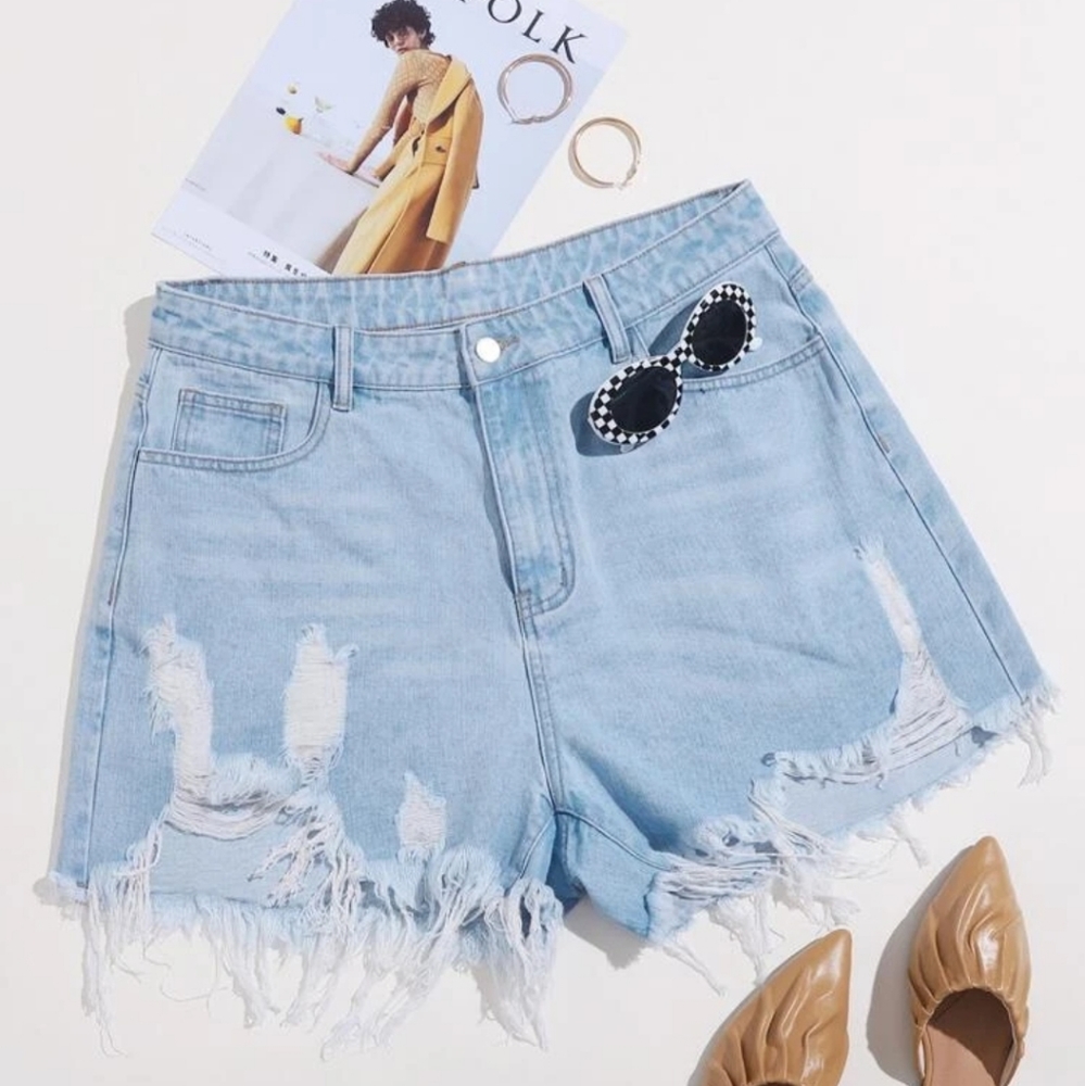 SHEIN Curve Raw Hem Ripped Denim Shorts